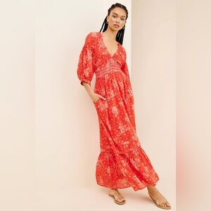 Free People Coral Red Floral Maxi Dress